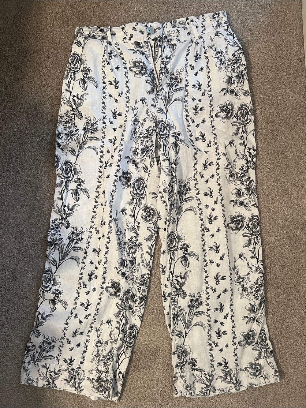 Joie White Wide-Leg Floral Linen Pants